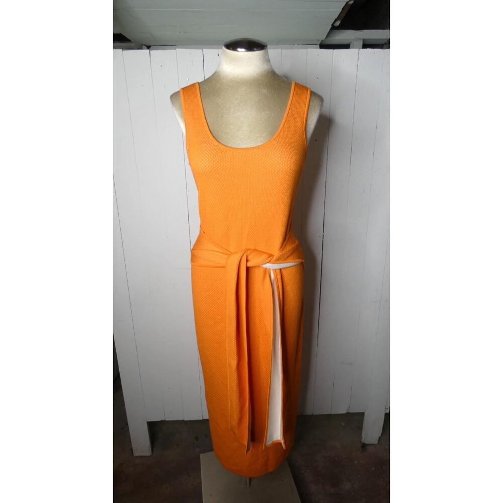 Toccin Women's M Orange Lucy Scoop Neck Midi Bodycon Dress Tie Waist Jersey $325